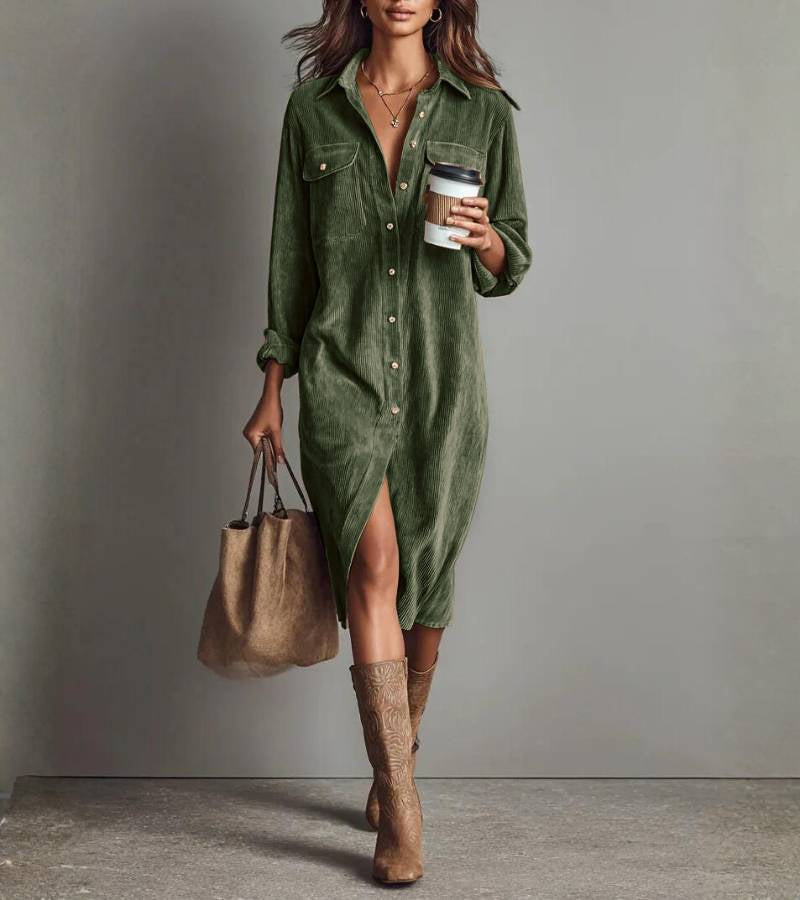 Penelope | Vestido midi tipo camisa de terciopelo acanalado