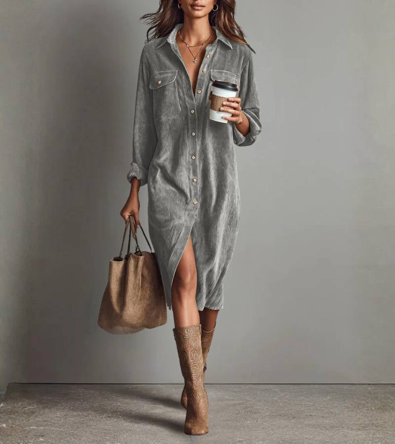 Penelope | Vestido midi tipo camisa de terciopelo acanalado