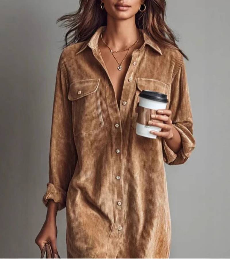 Penelope | Vestido midi tipo camisa de terciopelo acanalado