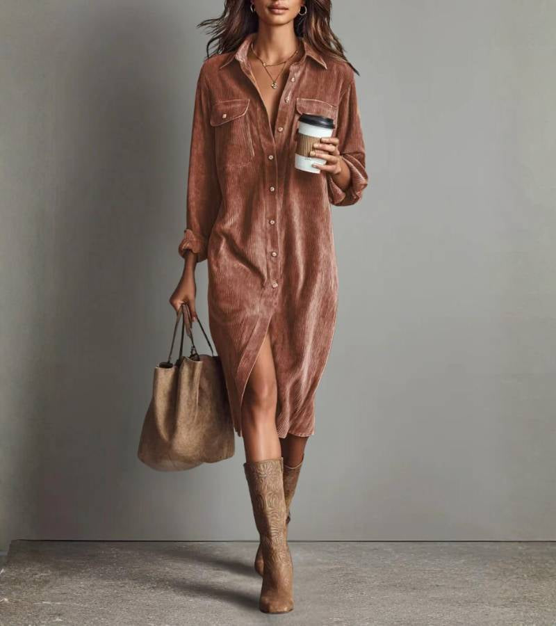 Penelope | Vestido midi tipo camisa de terciopelo acanalado