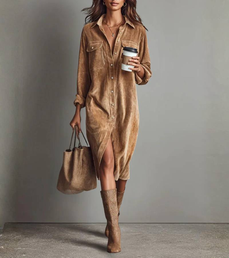 Penelope | Vestido midi tipo camisa de terciopelo acanalado