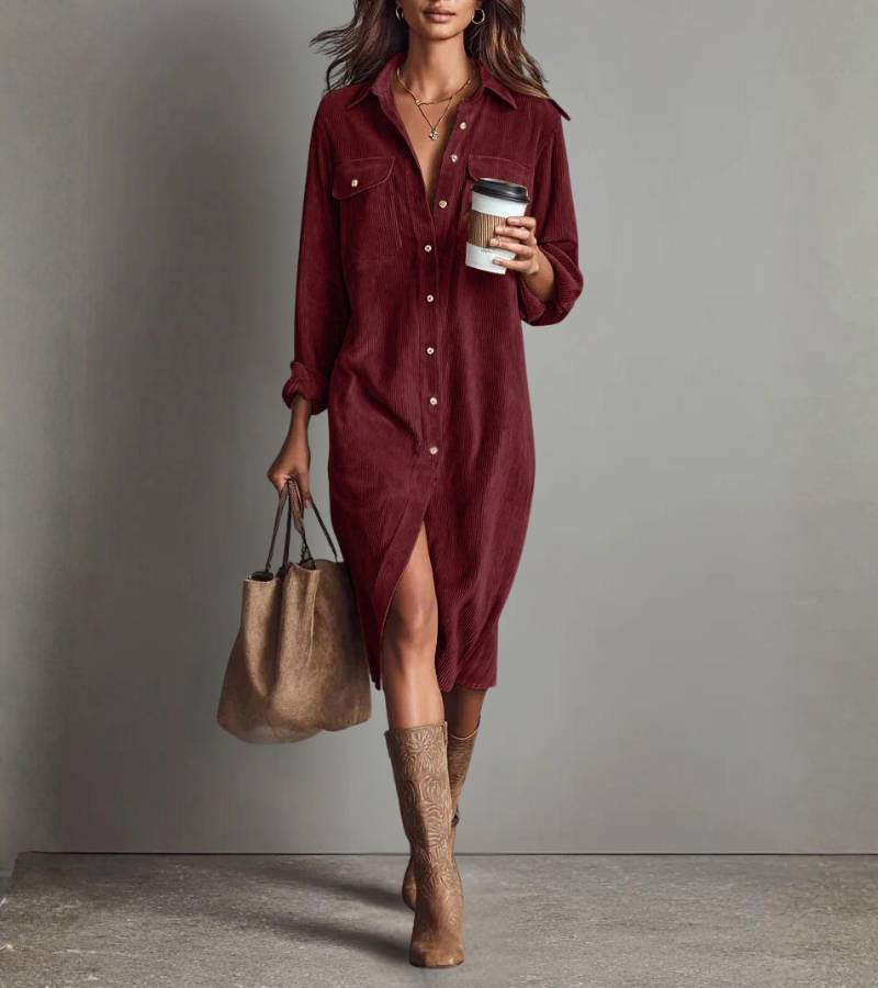 Penelope | Vestido midi tipo camisa de terciopelo acanalado