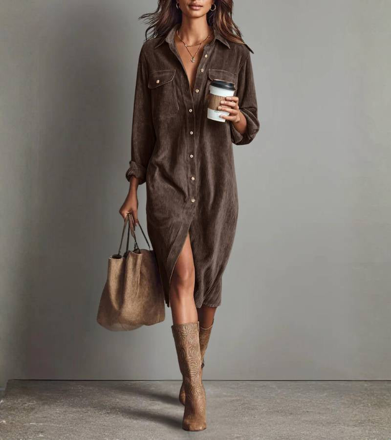 Penelope | Vestido midi tipo camisa de terciopelo acanalado