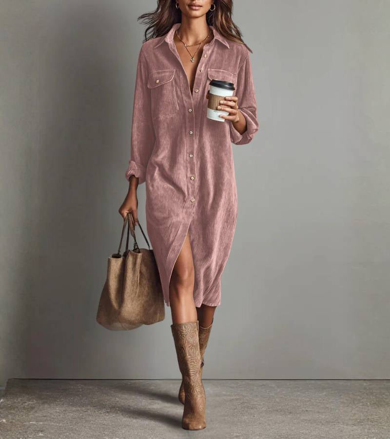 Penelope | Vestido midi tipo camisa de terciopelo acanalado